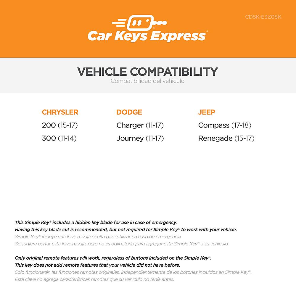 Alt View 13. Car Keys Express - Chrysler, Dodge, and Jeep Simple Key - 3 Button Smart Key Remote with Emergency Key Insert.