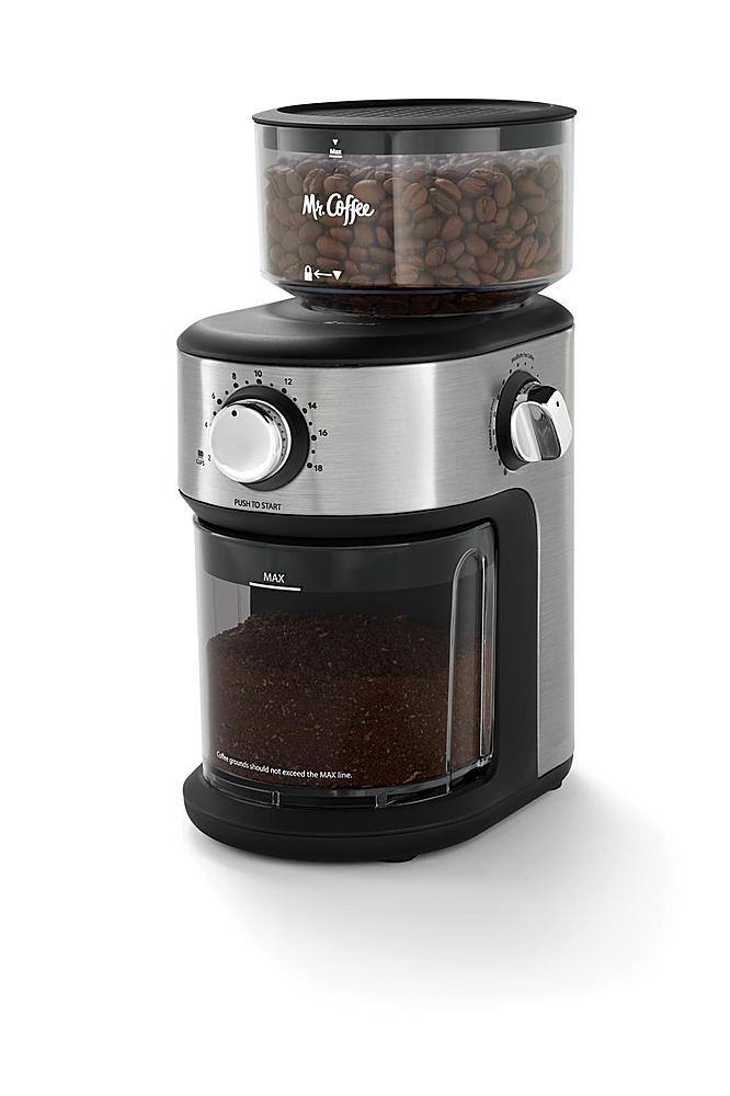 Left. Mr. Coffee - Mr. Coffee® Cafe Grind 18 Cup Automatic Burr Grinder - Stainless Steel  .