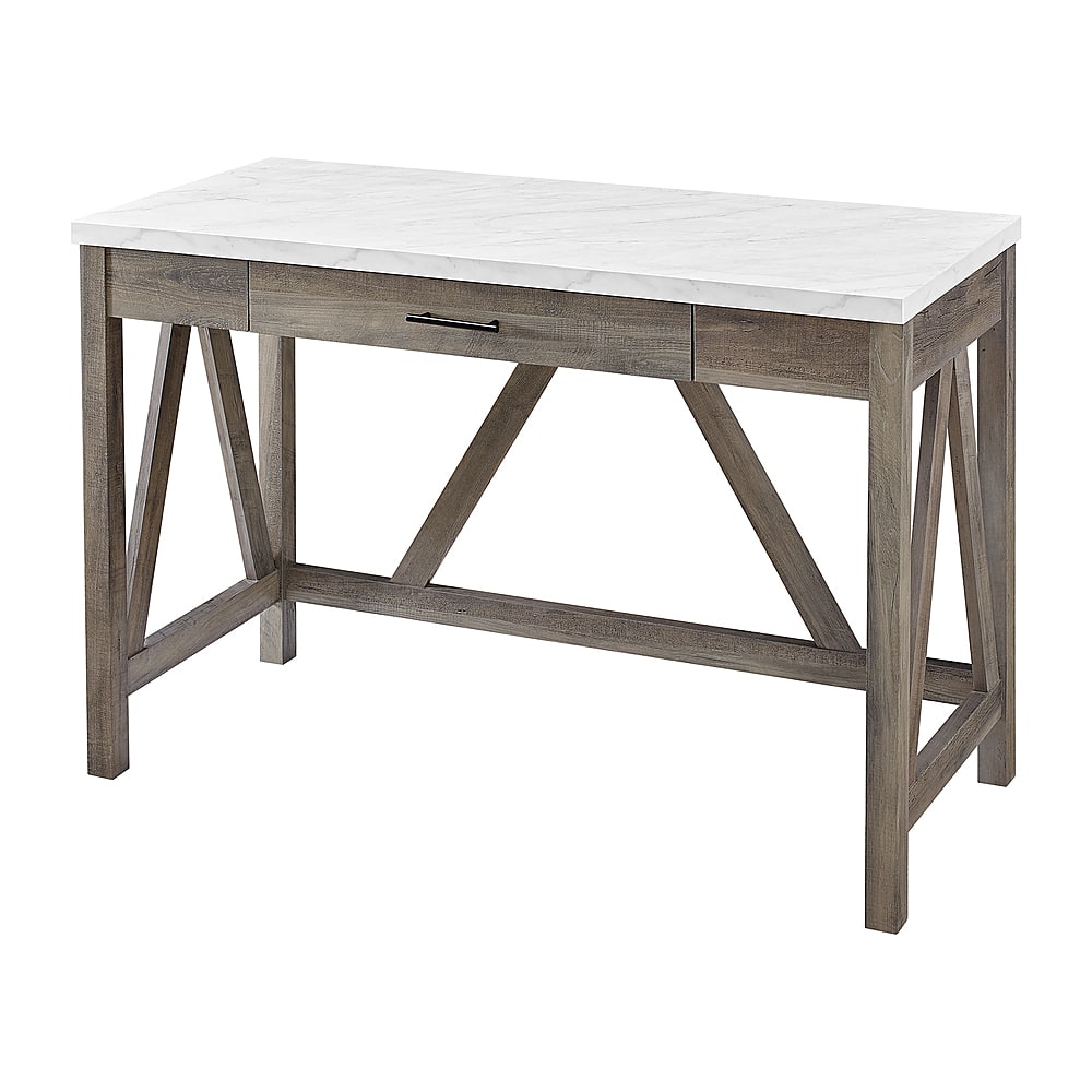 Left View: Walker Edison - 46” Farmhouse Faux Marble Two Tone A Frame Desk - Faux white marble/grey wash