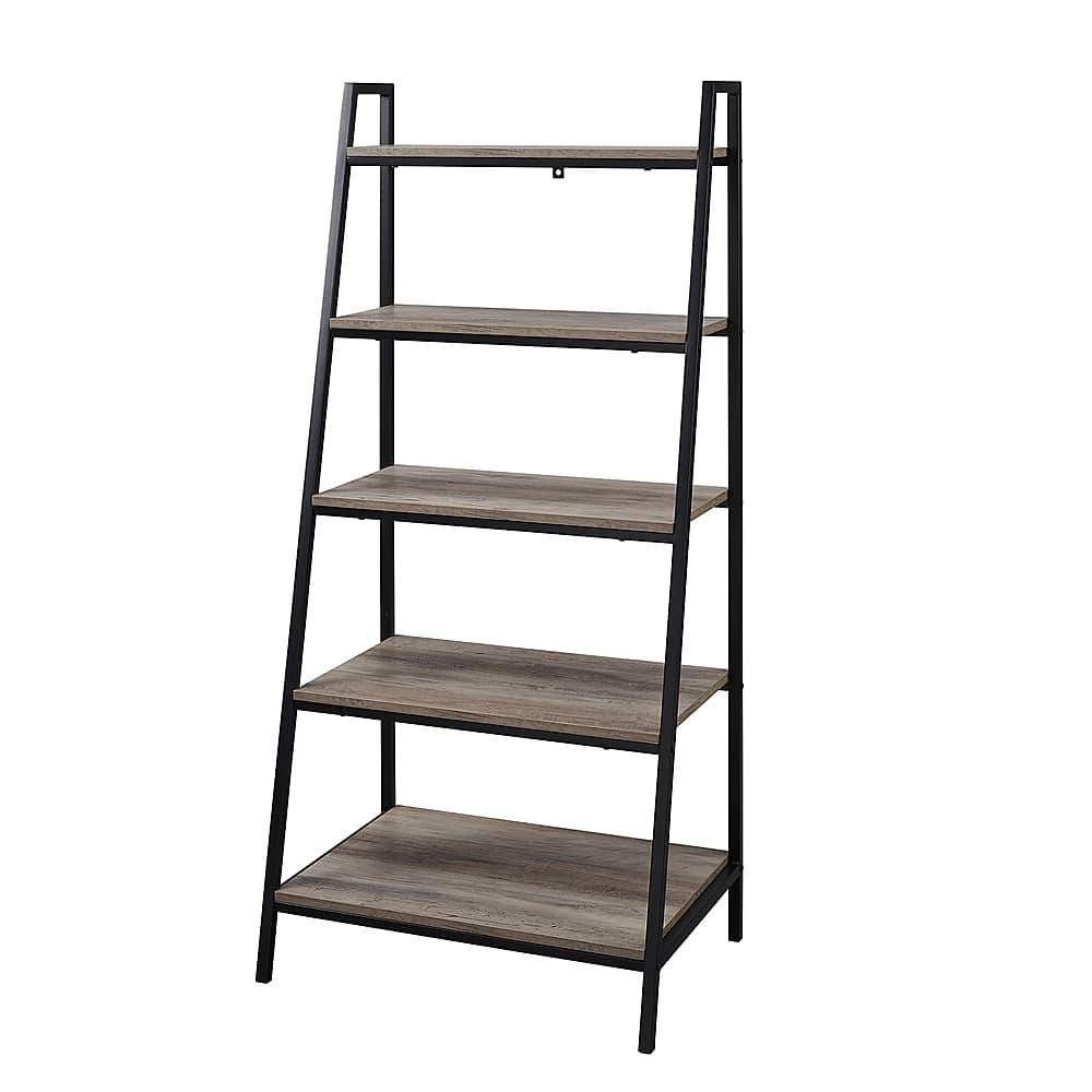 Left View: Walker Edison - 56” Contemporary Metal and Wood Ladder Bookshelf - Grey wash