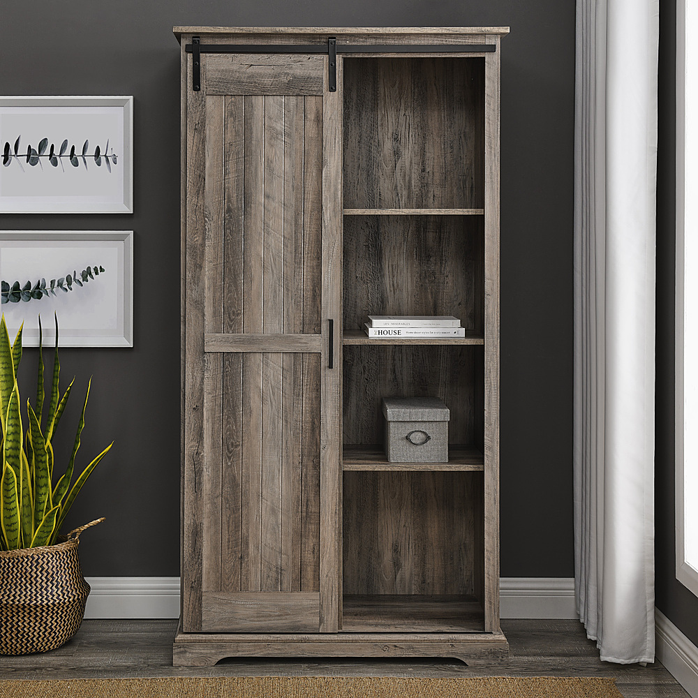 Walker Edison - 68” Modern Farmhouse Sliding Door Storage Cabinet - Brushed White