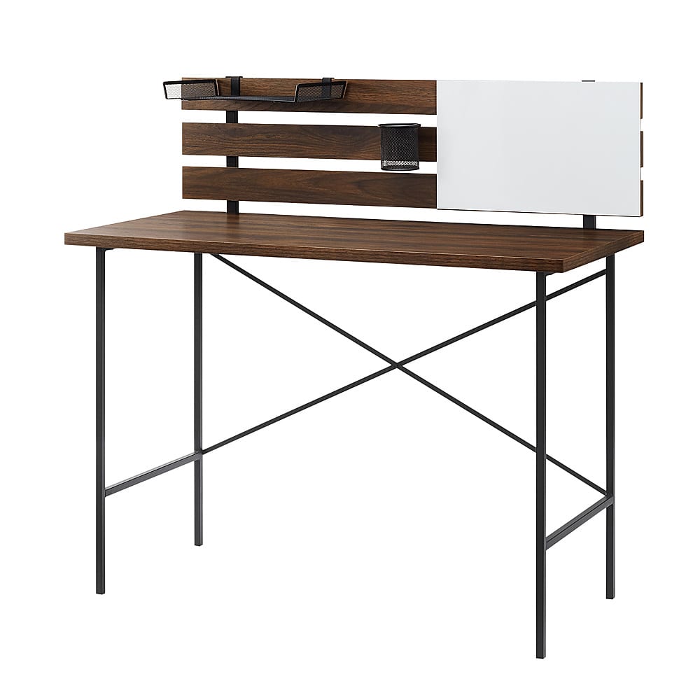 Left View: Walker Edison - 42” Industrial Metal X Slat Back Desk - Dark walnut