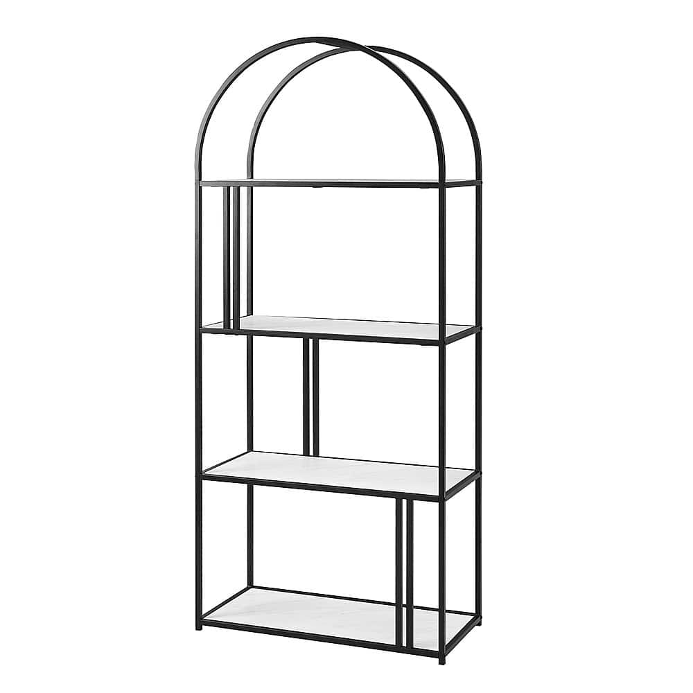 Left View: Walker Edison - 64” Modern Metal Arch Bookshelf - White faux marble