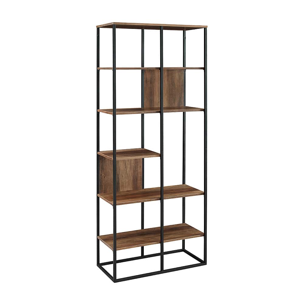 Angle View: Walker Edison - 70” Modern Industrial Asymmetrical Shelf Bookcase - Rustic Oak