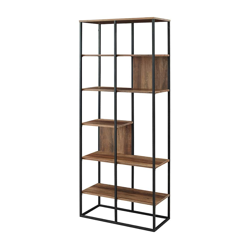 Left View: Walker Edison - 70” Modern Industrial Asymmetrical Shelf Bookcase - Rustic Oak