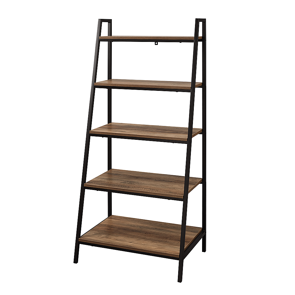 Left View: Walker Edison - 56” Contemporary Metal and Wood Ladder Bookshelf - Rustic Oak