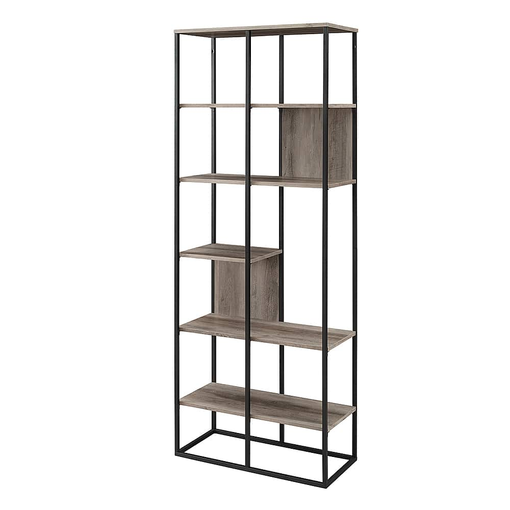 Left View: Walker Edison - 70” Modern Industrial Asymmetrical Shelf Bookcase - Grey wash