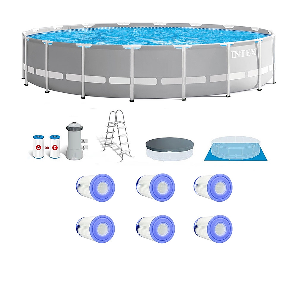 Intex - Prism Frame Above Ground 18' x 48" Pool Set w/ 6 Replacement Filters - Gray
