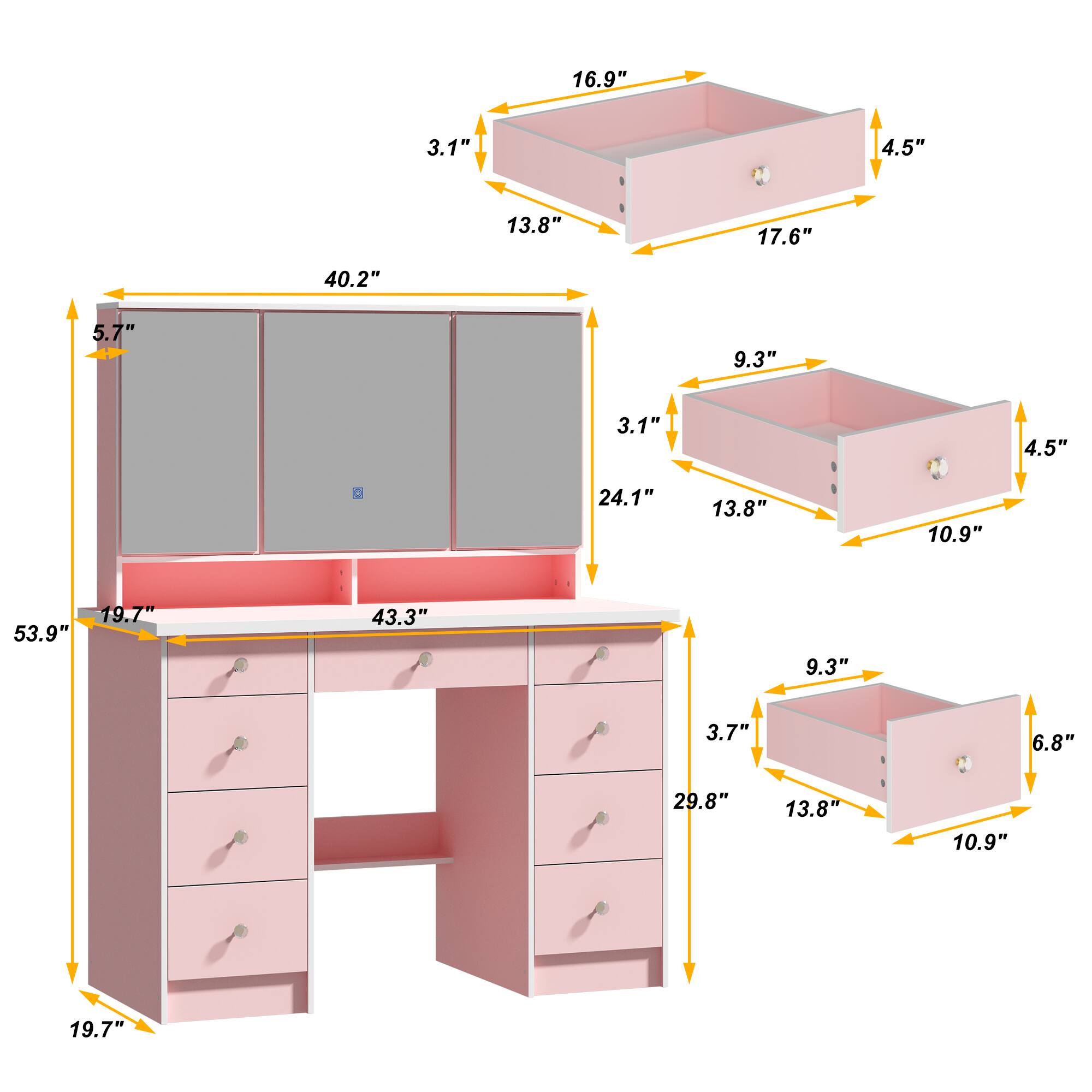 Here is the corrected and grouped text from the image:

- 16.9"
- 3.1"
- 4.5"
- 13.8"
- 17.6"
- 40.2"
- 5.7"
- 9.3"
- 3.1"
- 4.5"
- 24.1"
- 13.8"
- 10.9"
- 19.7"
- 53.9"
- 43.3"
- 9.3"
- 3.7"
- 6.8"
- 29.8"
- 13.8"
- 10.9"
- 19.7"