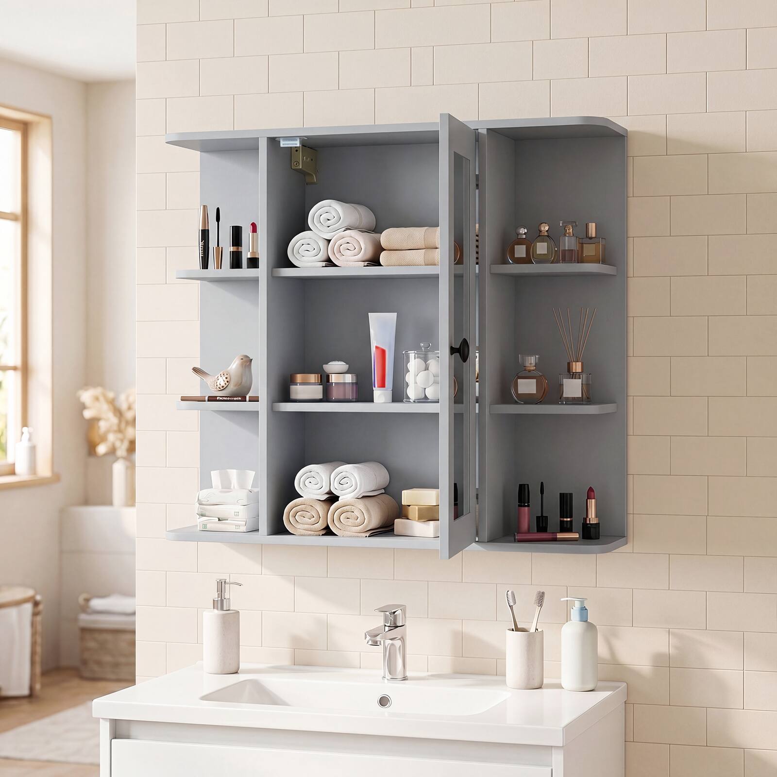 Alt View 3. Costway - Costway Wall Mounted Bathroom Medicine Cabinet with Mirror & Shelves, 3 Inner Shelves - Gray.