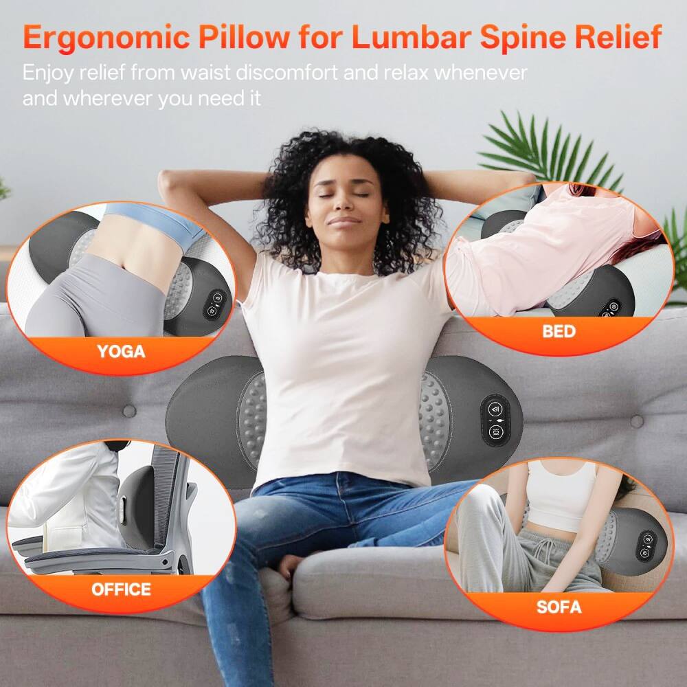 Ergonomic Pillow for Lumbar Spine Relief  
Enjoy relief from waist discomfort and relax whenever and wherever you need it  

YOGA  
BED  
OFFICE  
SOFA