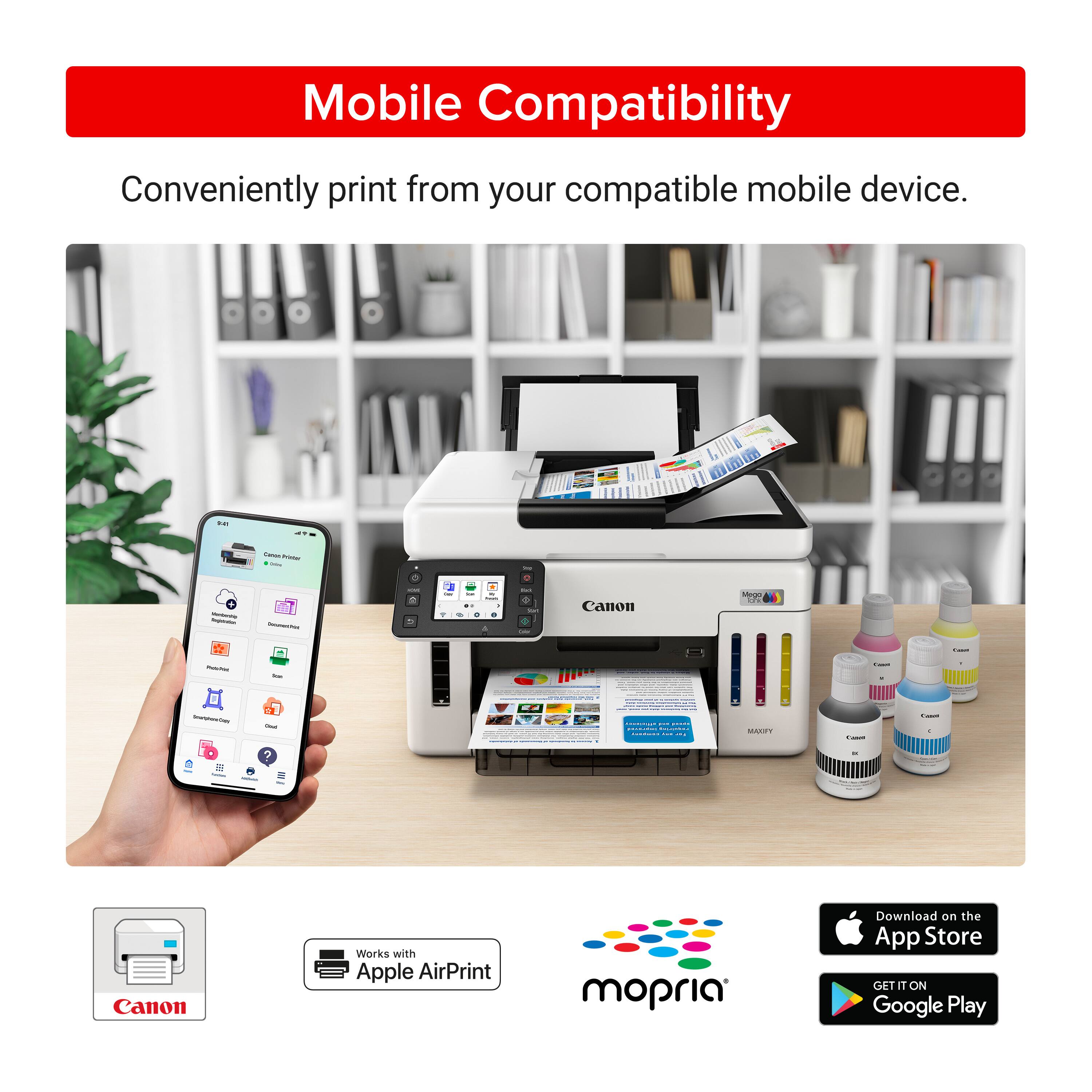 Mobile Compatibility: Conveniently print from your compatible mobile device. Canon Works with Apple AirPrint and mopria. Download on the App Store or Google Play.