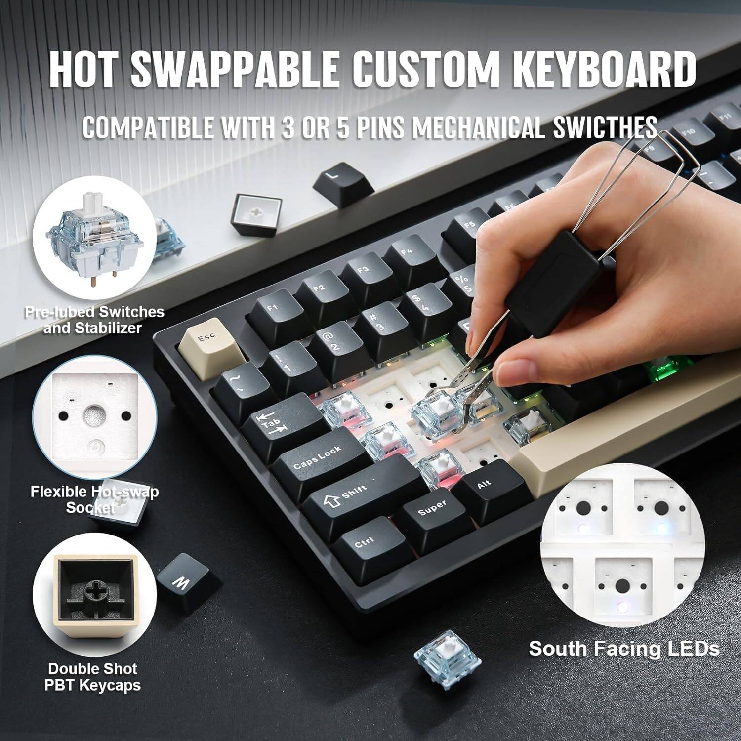 HOT SWAPPABLE CUSTOM KEYBOARD COMPATIBLE WITH 3 OR 5 PINS MECHANICAL SWITCHES

- Pre-lubed Switches and Stabilizers
- Flexible Hot-swap Socket Tab Lock
- Double Shot PBT Keycaps
- South Facing LEDs