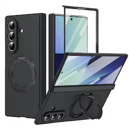 Dteck - For Samsung Galaxy Z Fold 7 Rugged Case With Screen Protector, Shockproof Magnetic Ring Stand Hinge Protection Cover - Black