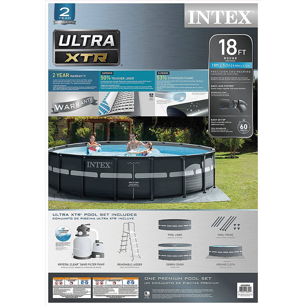 The image features an Intex Ultra XTR 18 ft round pool set, which includes a pool liner, pool frame, pool pump, ladder, and cover. The pool set is designed for easy assembly and comes with a 2-year warranty. The pool is made from durable materials and is 53% stronger than standard pools. The pool also includes a Krystal Clear sand filter pump for efficient filtration. The pool set is suitable for both residential and commercial use, and it is designed to provide a comfortable and enjoyable swimming experience.