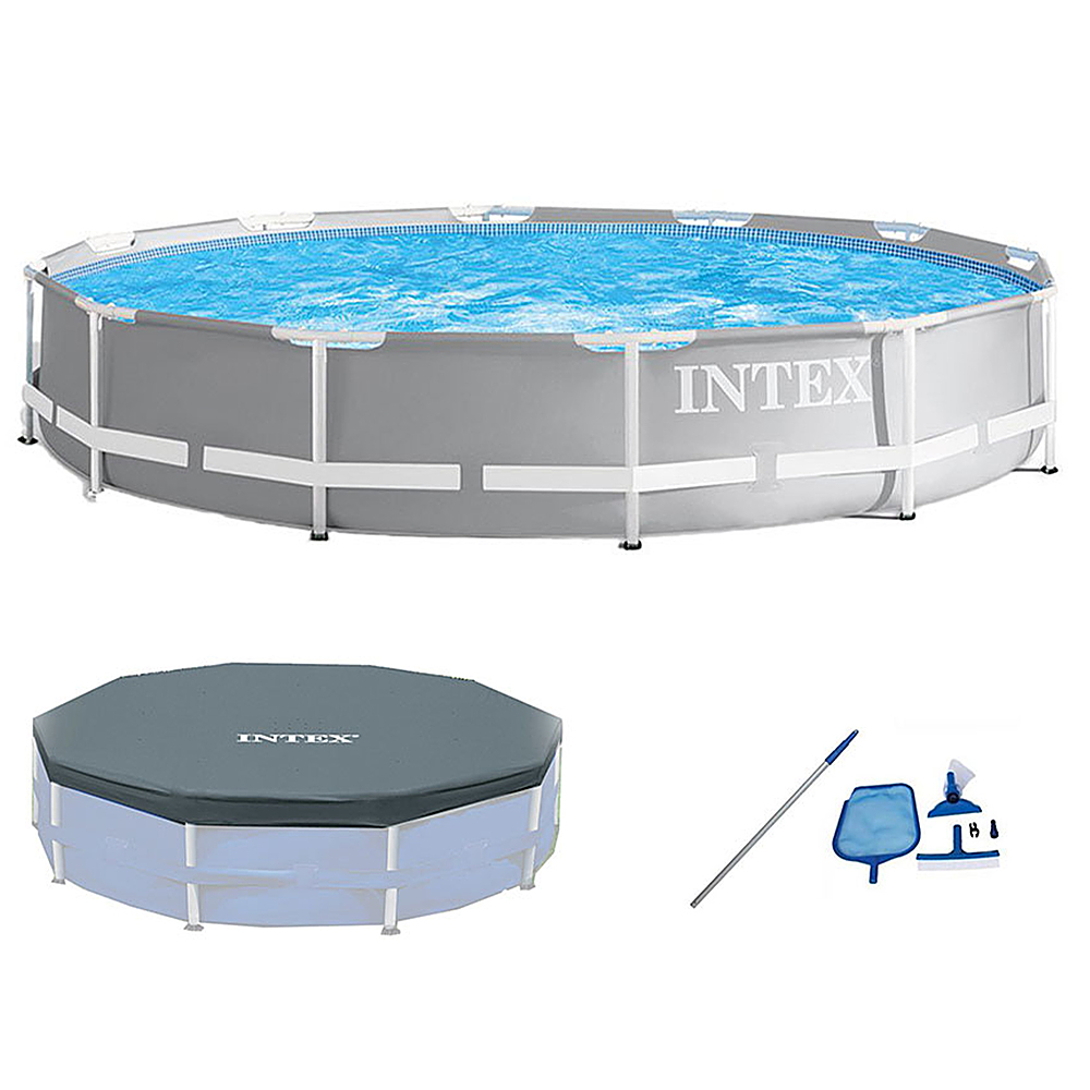 Intex - 12 foot x 30 inch Prism Above Ground Pool Set with Cover and Maintenance Kit - Gray