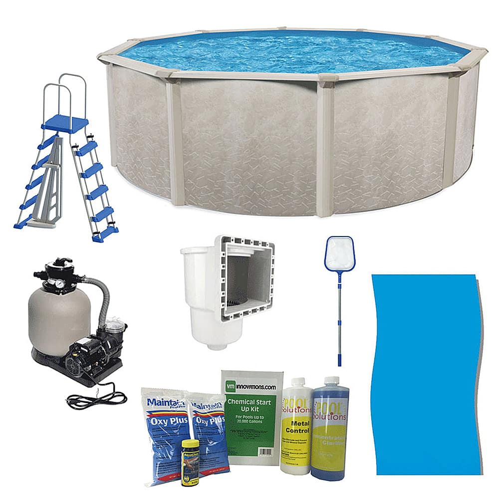 The image features a variety of pool equipment and supplies, including a pool liner, a pool cover, a pool skimmer, and a pool vacuum. There are also several bottles of pool chemicals, such as Oxy Plus and Oxy Clear, which are essential for maintaining the pool's cleanliness and water quality. The pool is surrounded by a blue tarp, which can be used to cover the pool when not in use. The image showcases the necessary tools and chemicals for keeping a pool clean and well-maintained.