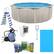 The image features a blue swimming pool with a ladder and a pool cover. There are also several items displayed around the pool, including a pool maintenance kit, a pool start-up kit, and a pool solution. Additionally, there is a pool skimmer and a pool test kit, along with some pool chemicals. The items are arranged in a way that showcases the various tools and supplies needed for maintaining and enjoying a swimming pool.