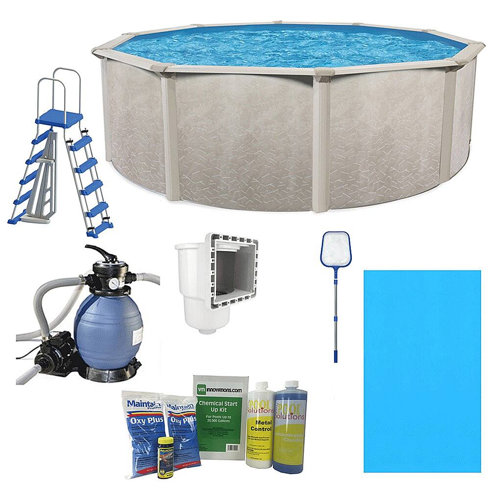 The image features a blue swimming pool with a ladder and a pool cover. There are also several items displayed around the pool, including a pool maintenance kit, a pool start-up kit, and a pool solution. Additionally, there is a pool skimmer and a pool test kit, along with some pool chemicals. The items are arranged in a way that showcases the various tools and supplies needed for maintaining and enjoying a swimming pool.