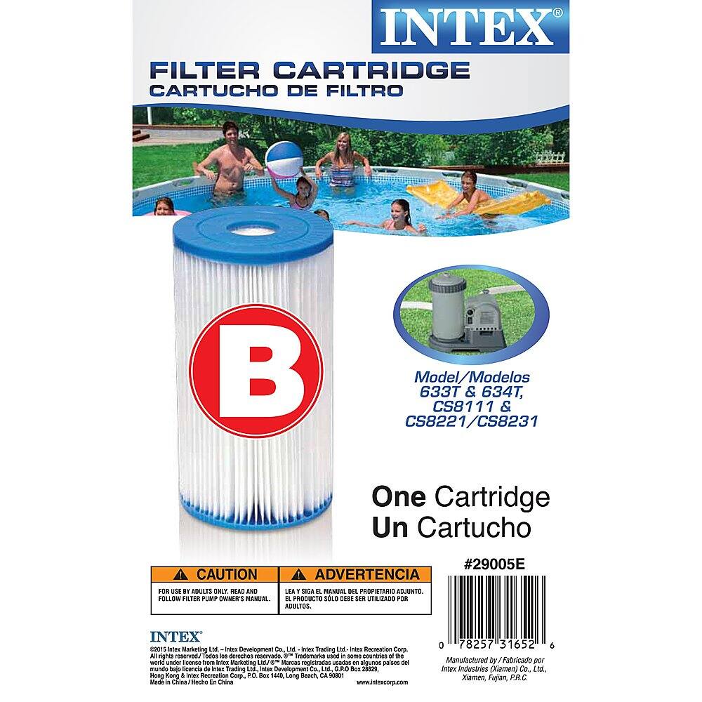 The text on the image is in Spanish, so I will provide a translation of the text in English.

The image features a blue Intex filter cartridge, which is designed for use with Intex swimming pools. The cartridge is intended for adults and should be used according to the manufacturer's instructions. The cartridge is made in China and has a model number of 633T & 634T, CS8111 & CS8221/CS8231. The cartridge is sold by Intex Trading and Intex Development Co. Ltd.

The image also includes a caution warning, advising users to read and follow the filter pump owner's manual before using the product. The cartridge is designed for use with Intex swimming pools and should be used according to the manufacturer's instructions.