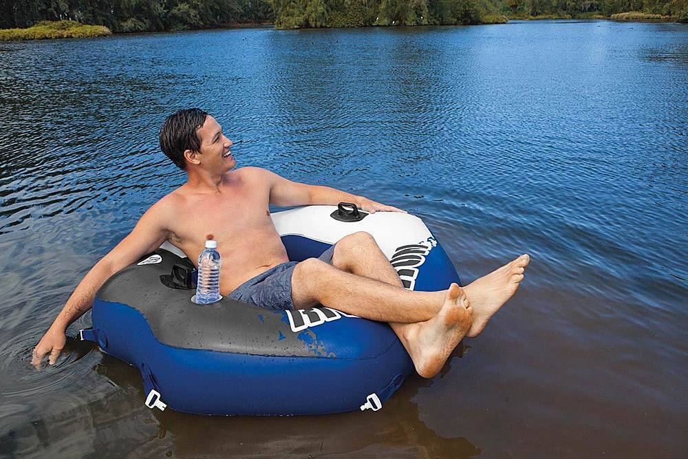 Left View: Intex - River Run Connect Lounge Inflatable Floating Water Tube (2 Pack) - Blue