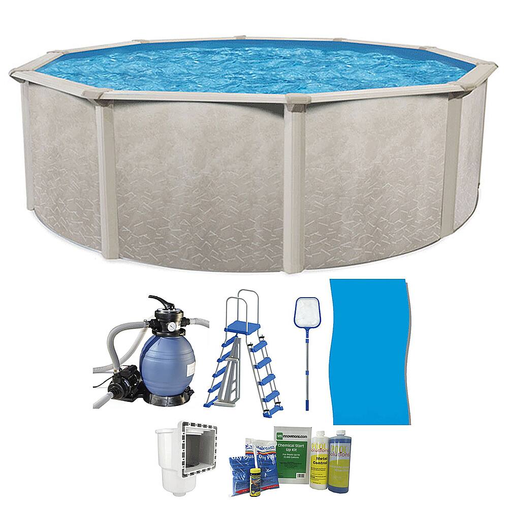 The image shows a pool with a blue liner, and various pool maintenance items are displayed around it. The items include a pool skimmer, a pool brush, a pool test kit, a pool vacuum, and a pool ladder. The pool is surrounded by a blue tarp, and the items are arranged in a way that showcases the pool and its maintenance equipment.