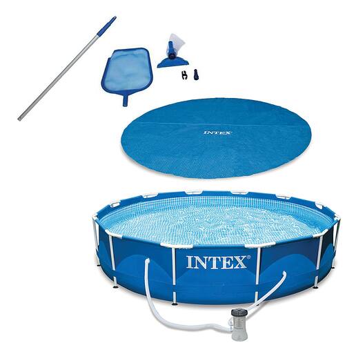 Intex - Bundle 12-Foot Pool Cover Tarp, Cleaning Pool Kit, & Above Ground Swimming Pool