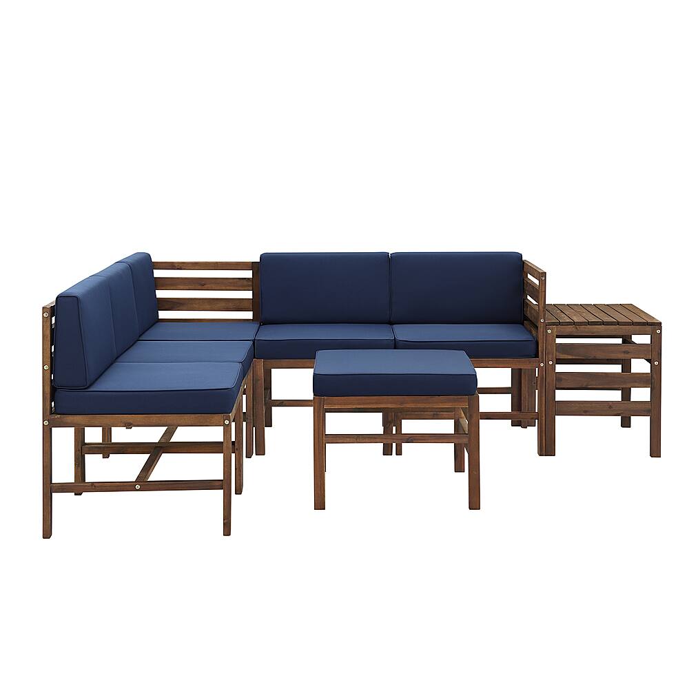 Angle View: Walker Edison - Modern 7 Piece Solid Acacia Wood Patio Chat Set - Dark brown/navy blue