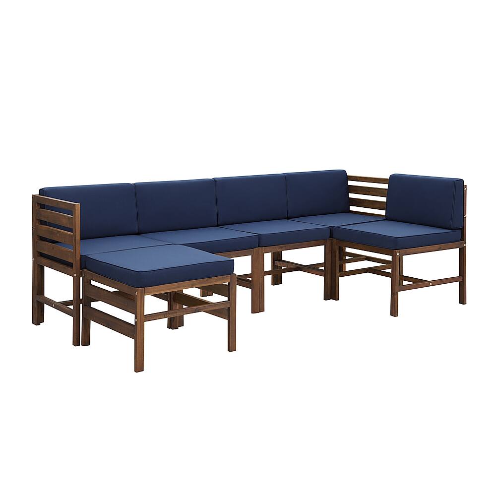 Angle View: Walker Edison - Modern 6 Piece Solid Acacia Wood Patio Chat Set - Dark brown/navy blue