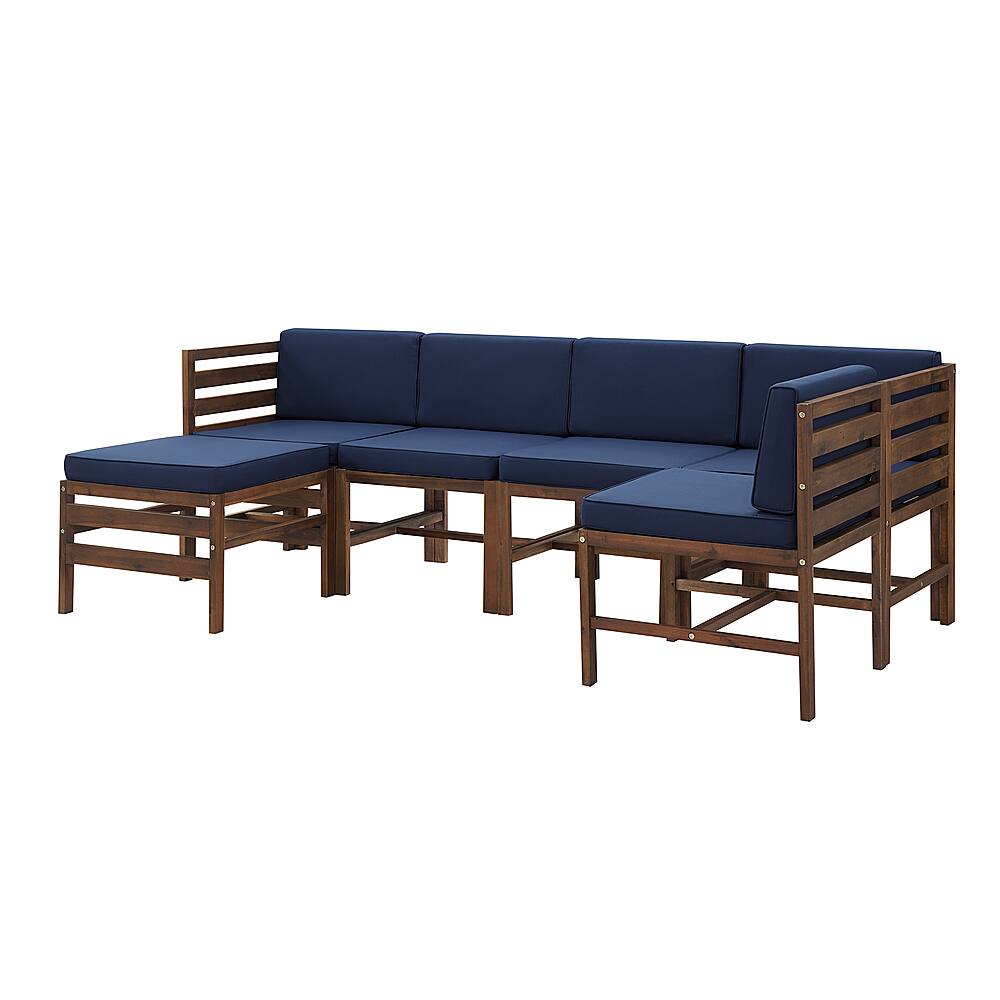Left View: Walker Edison - Modern 6 Piece Solid Acacia Wood Patio Chat Set - Dark brown/navy blue