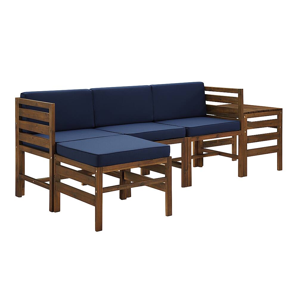 Angle View: Walker Edison - Modern 5 Piece Solid Acacia Wood Patio Chat Set - Dark brown/navy blue
