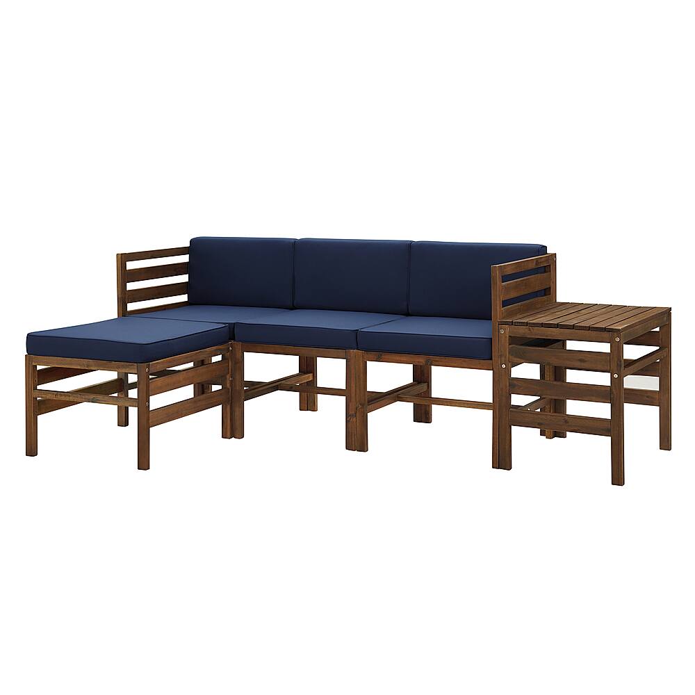 Left View: Walker Edison - Modern 5 Piece Solid Acacia Wood Patio Chat Set - Dark brown/navy blue