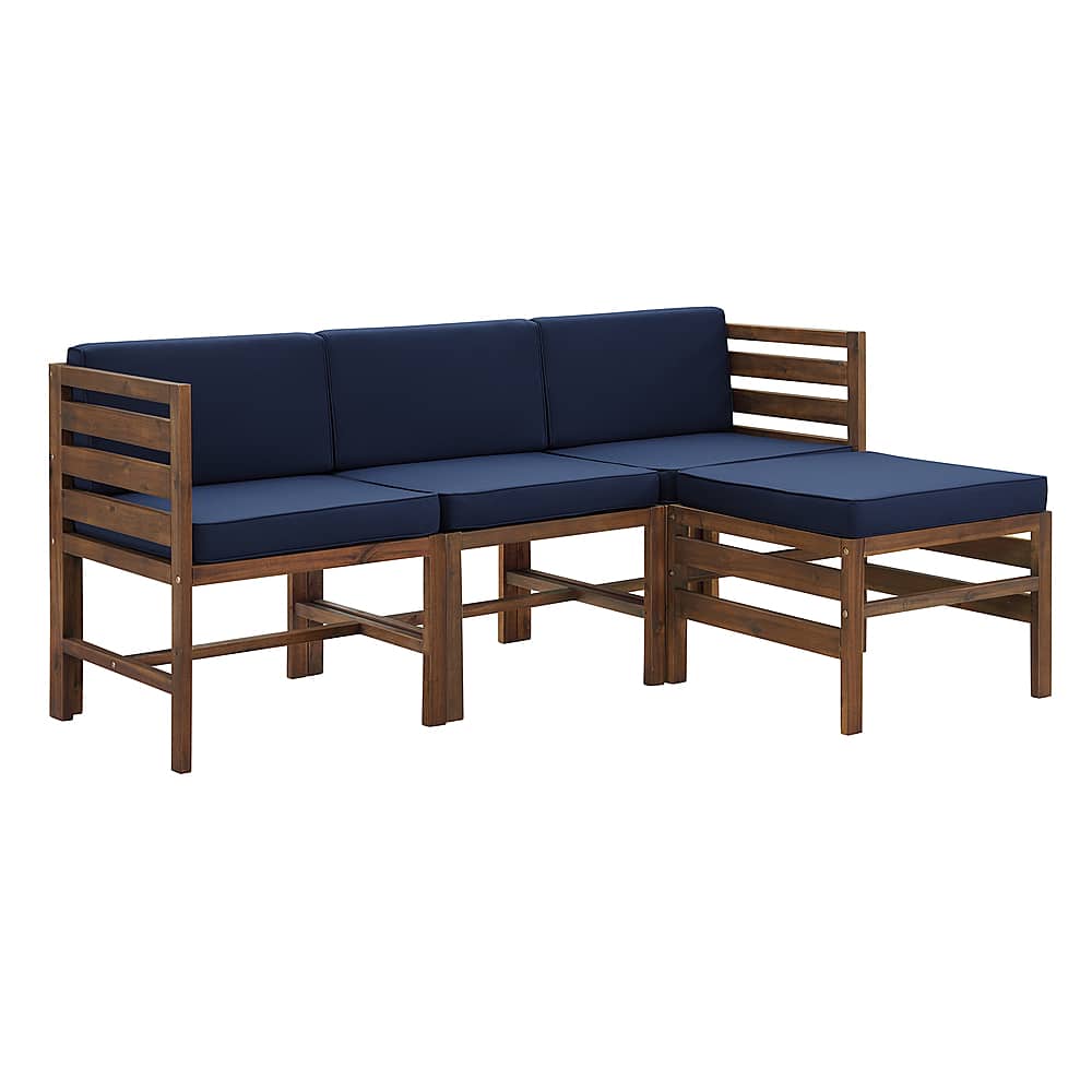 Angle View: Walker Edison - Modern 4 Piece Solid Acacia Wood Patio Chat Set - Dark brown/navy blue