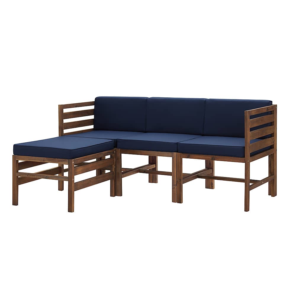 Left View: Walker Edison - Modern 4 Piece Solid Acacia Wood Patio Chat Set - Dark brown/navy blue