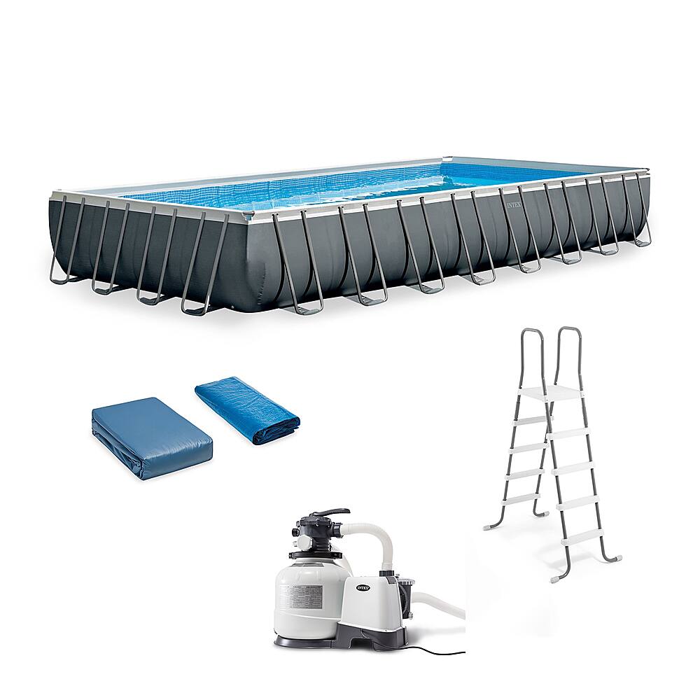 Front. Intex - 32' x 16' x 52" Rectangular Frame Swimming Pool with Pump - Gray.