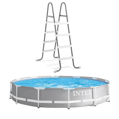 Intex - Prism Frame 12' x 30" Above Ground Swimming Pool with 48" Ground Ladder - Gray