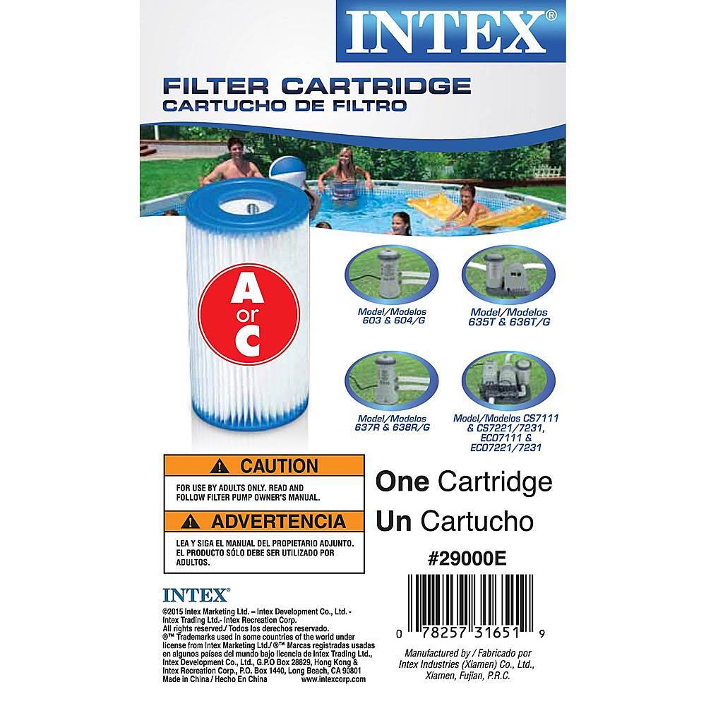 INTEX FILTER CARTRIDGE CARTUCHO DE FILTRO A or C Madel/Modelos 603 & 504/G Model/Modelos 635T & 636T/G Modelos Model, /Modelos CS7111 637R & 638R/G 6 CS7221/7231, ECO7111 & ECO7221/7231 CAUTION FOFL USE BY ADULTS ONLY READ AND One Cartridge FOLLOW FILTER PUMP OWNER'S MANUAL. ADVERTENCIA Un Cartucho LEA T SIGA EL MANUAL DEL PROPIETARIO ADJUNTO. EL PRODUCTO SLO DEBE SER UTILIZADO POR ADULTOS. #29000E INTEX 2015 Intex Marketing Ltd. Intex Development Co., Ltd. Intax Trading Ltd. Inex Recreation Corp. All rights reserved Todos los derechos reservado.  Trademarks used in some countries ef the world under license from Inter Marketing LtdJ 8TH Marcas registradas usadas de algunos paises del mando bajo licencia de Intex Trading Ltd. Inter Development Co., Ltd. G.P.O Box 28829, Hong Kong & Inter Recreation Corp, P.O. Dox 1440, Long Beach, CA 90801 Made in China Hecho En China [www.intexcorp.com](http://www.intexcorp.com) 0 78257 31651 9 Manufactured by Fabricado por Intex Industrial Co., Ltd.