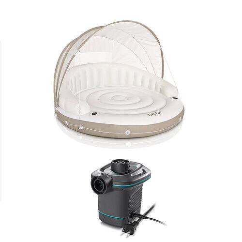 Intex Inflatable Canopy Island Float Lounge + AC Electric Air Pump w/ 3 Nozzles