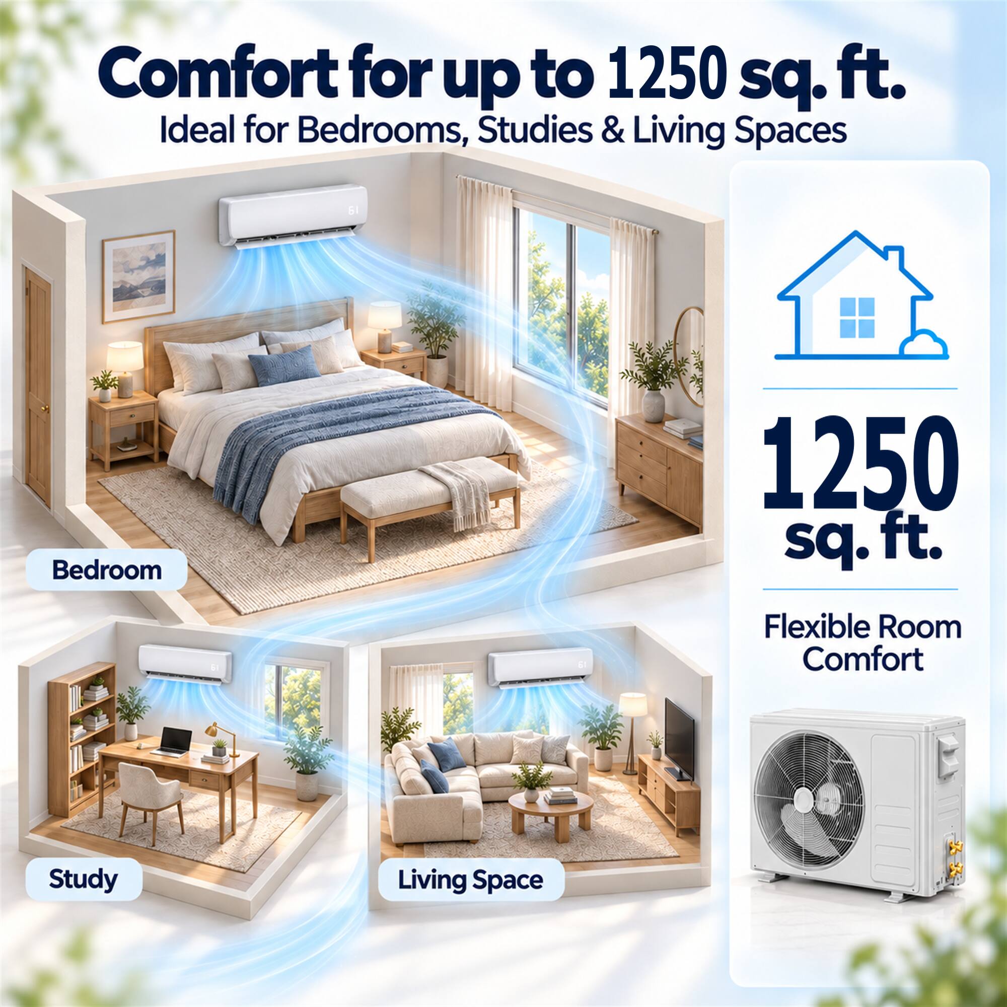 Comfort for up to 1250 sq. ft. Ideal for Bedrooms, Studies & Living Spaces

Bedroom
1250 sq. ft.

Study

Living Space

1250 sq. ft.

Flexible Room Comfort