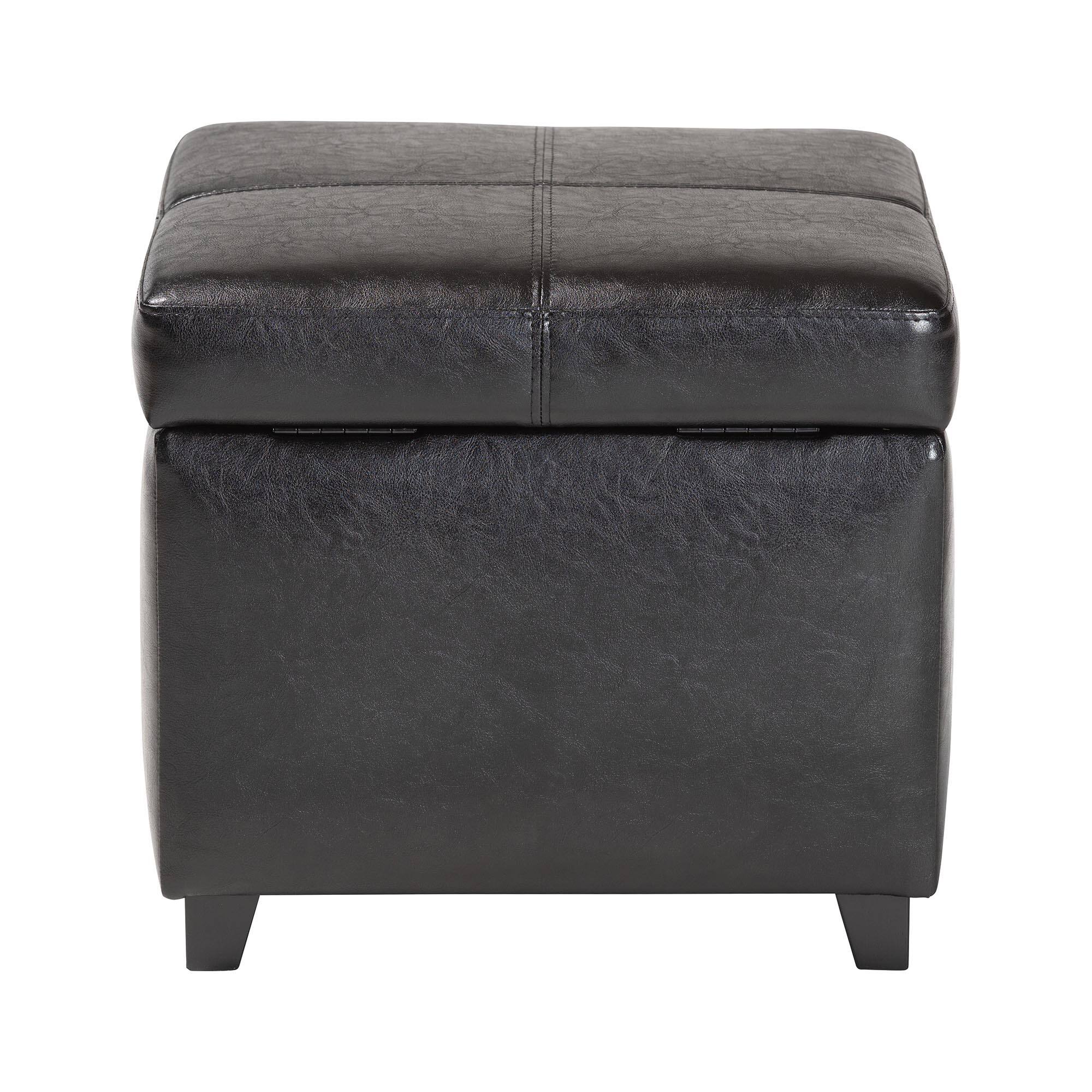 Back. Baxton Studio - Full Leather Storage Cube Ottoman - Black.