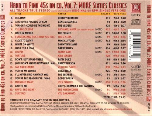 **HARD TO FIND 45s ON CD, Vol.7: MORE SIXTIES CLASSICS**

**ALL TRACKS TRUE STEREO**

**TITLE** | **ARTIST** | **CHART #** | **DATE** | **TIME**

1. **DREAMIN'** | JOHNNY BURNETTE | #11 | 7/60 | 2:20  
2. **A HUNDRED POUNDS OF CLAY** | GENE McDAWELLS | #3 | 3/61 | 2:20  
3. **TONIGHT (COULD BE THE NIGHT)** | THE VELVETS | #26 | 5/61 | 2:07  
4. **VILLAGE OF LOVE** | NATHANIEL MAYER & THE VILLAGE TWINKLES | MONO | #22 | 10/60 | 2:30  
5. **ONCE IN A WHILE** | THE CHIMES | MONO | #11 | 4/62 | 2:30  
6. **I UNDERSTAND (JUST HOW YOU FEEL)** | THE G