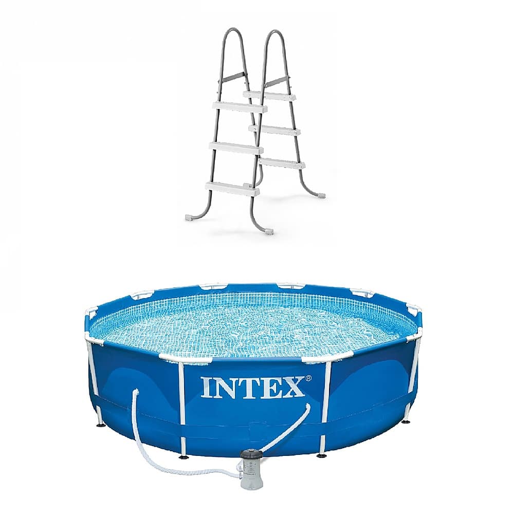 Front. Intex - Pool Ladder w/ Pool Set with Filter Pump - Blue.