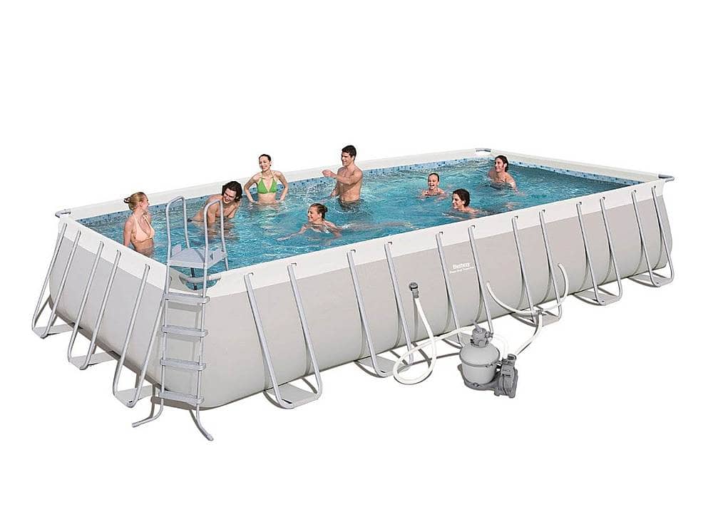 Front. Bestway - 24' x 12' x 52" Power Steel Rectangular Above Ground Swimming Pool Set - Gray.