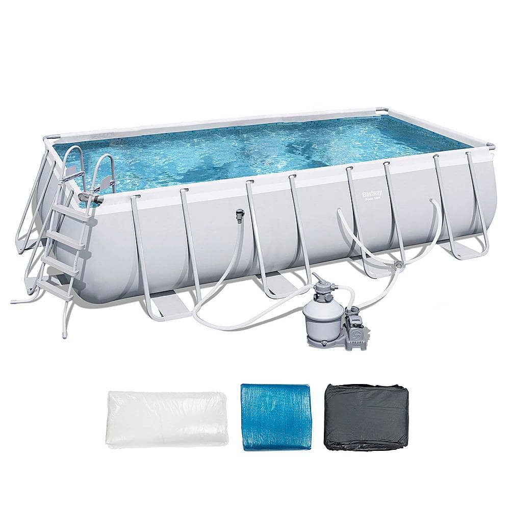 Front. Bestway - 18ft x 9ft x 4ft Rectangular Above Ground Swimming Pool w/ Ladder & Pump - Gray.