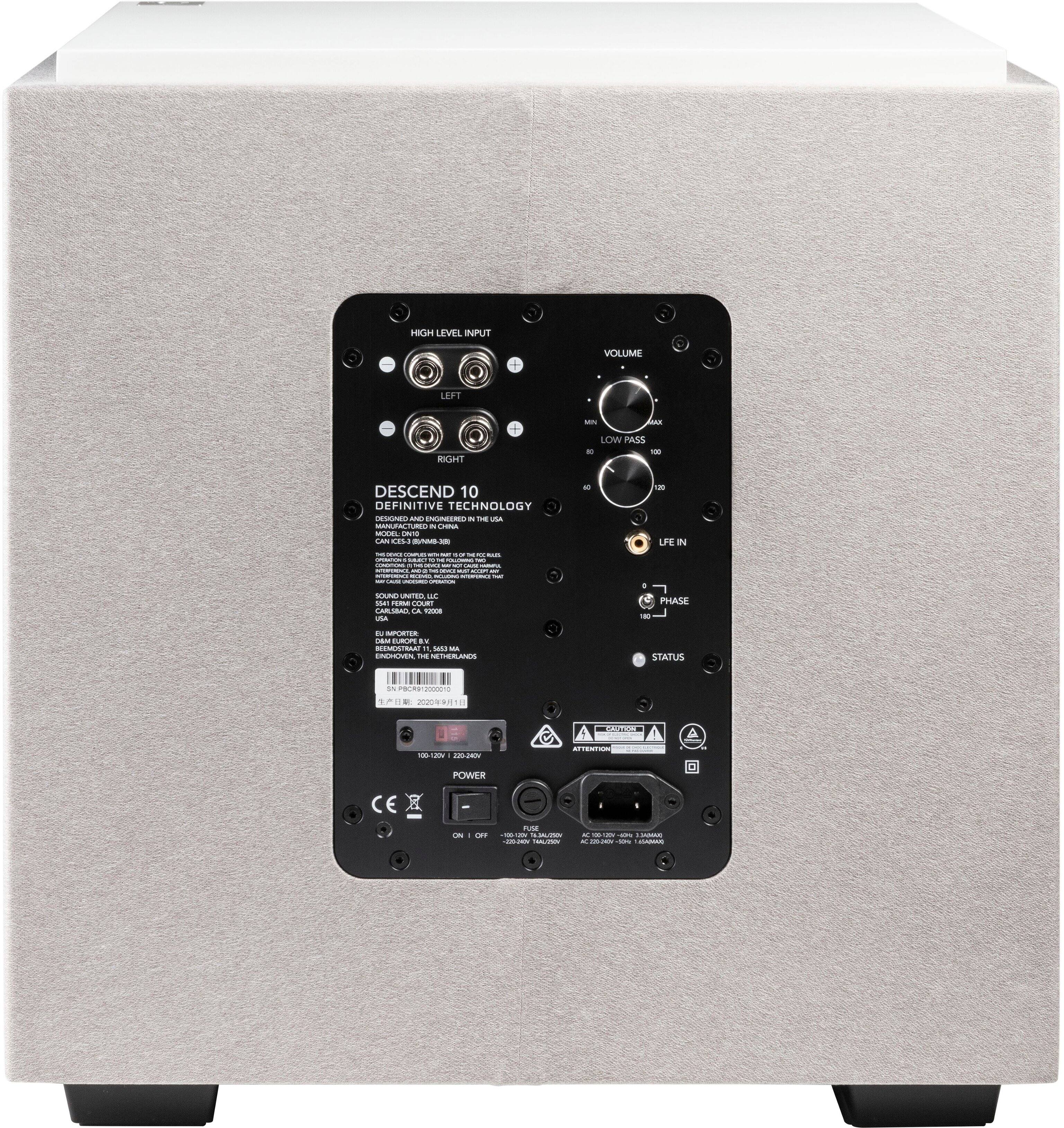 Back. Definitive Technology - Descend DN10 10" Sub, 3XR Architecture, 500W Peak Class D Amplifier, (2) 10" Bass Radiators - White.