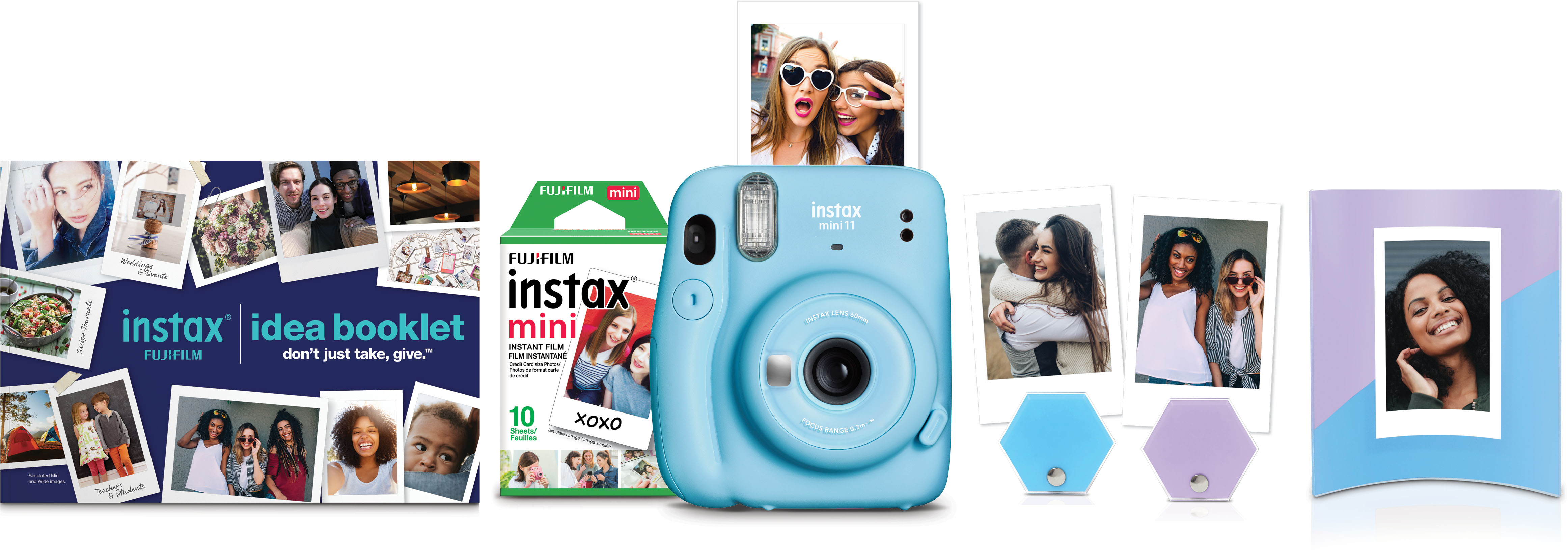 Fujifilm Instax Mini 11 Instant Camera - Sky Blue (16654762) + Fujifilm  Instax Mini Twin Pack Instant Film (16437396) + Single Pack Rainbow Film +