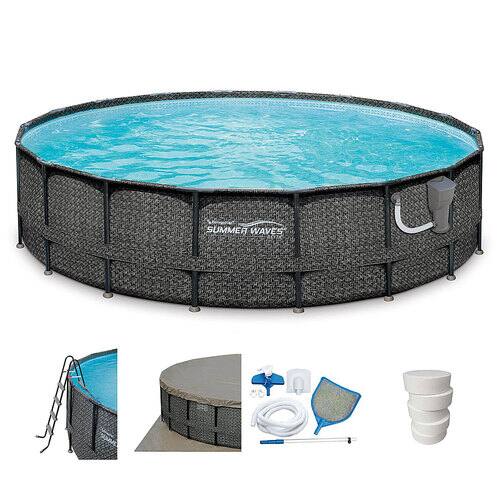 Summer Waves - Swim Pool w/ Qualco 5-Pound Chlorinating Tab Kit - Gray wicker print