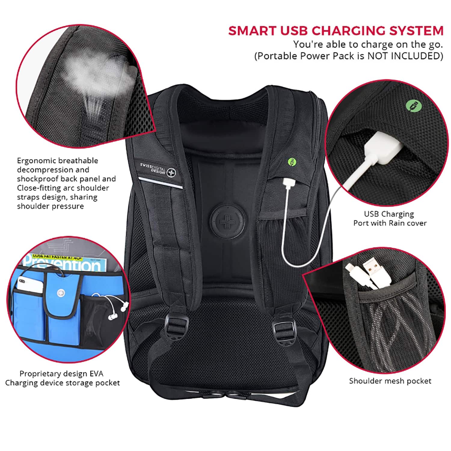 SMART USB CHARGING SYSTEM: You're able to charge on the go. (Portable Power Pack is NOT INCLUDED)
Ergonomic breathable decompression and shockproof back panel and Close-fitting arc shoulder straps design, sharing shoulder pressure.
4 USB Charging Port with Rain cover.
LS FALISE Design.
Prevention Proprietary design.
EVA Charging device storage pocket.
Shoulder mesh pocket.
