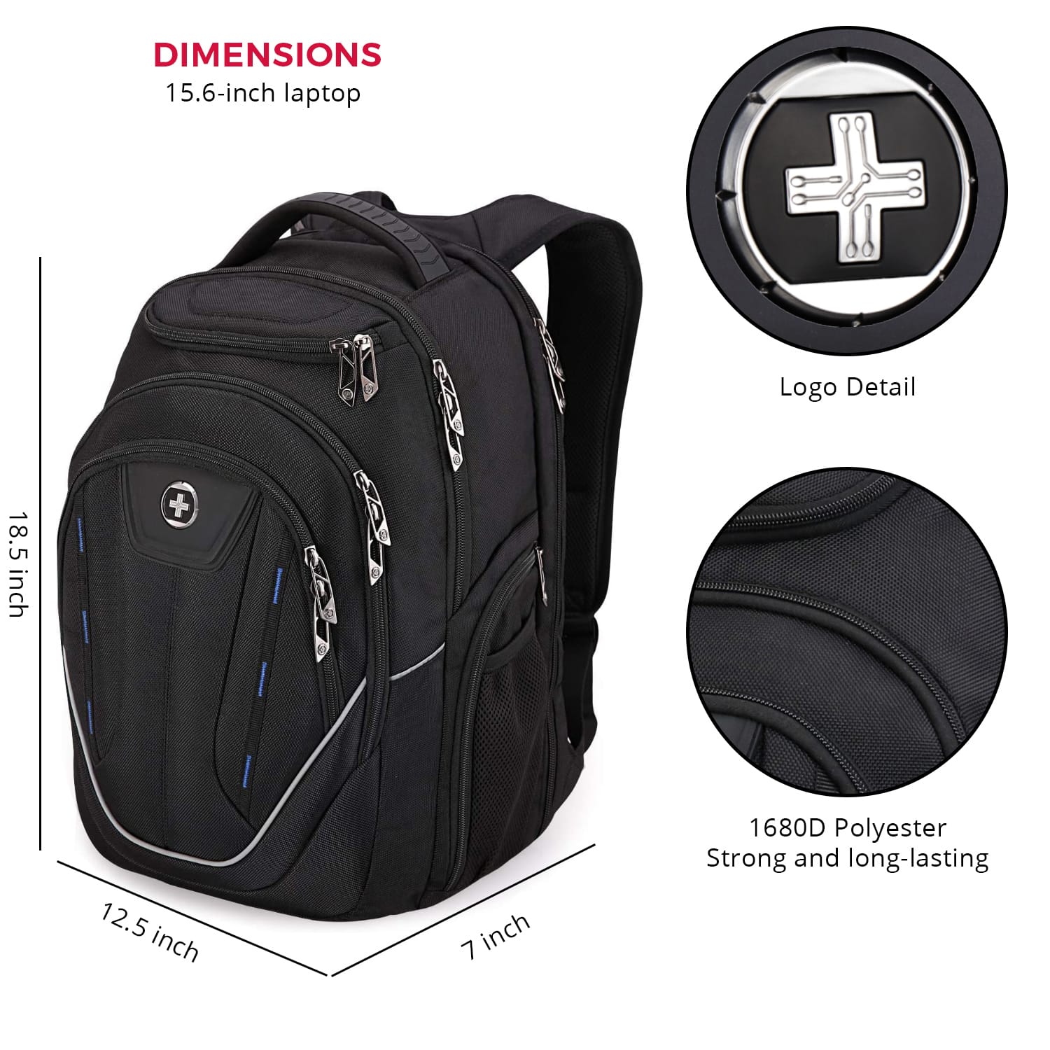 The text on the image is grouped as follows:
1. Dimensions: 15.6-inch laptop + Logo Detail
2. 18.5 inch
3. 12.5 inch
4. 7 inch
5. 1680D Polyester
6. Strong and long-lasting