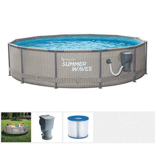 Intex - 16 foot x 3.5 foot Above Ground Rectangular Frame Swimming Pool Set and Skimmer - Gray